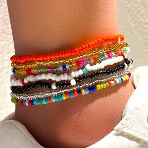 NWT ~ 7 Pieces Multi-color Beaded Anklet Set